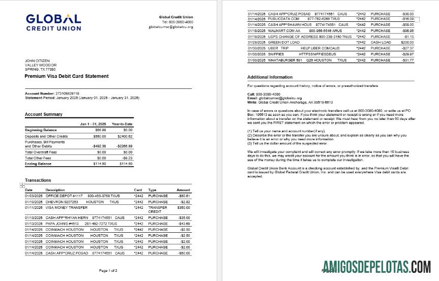 Extrato bancário realista da União de Crédito Global dos EUA, Alasca, modelo Word e PDF, 2 páginas